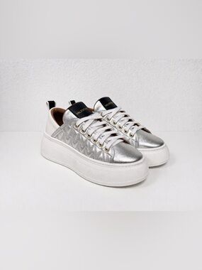 Valentino Metallic Silver Quilted Platform Sneakers with Black Accents